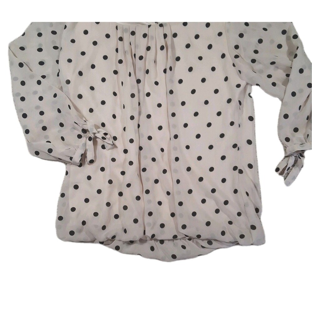 Roz & Ali Polka Dot Blouse Cream Black Tie Sleeve Bow Cuff Round Neck Top SZ M - Picture 5 of 10